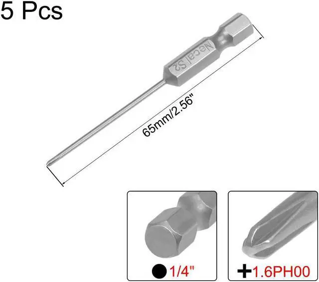 Alt view image 2 of 4 - Phillips Bits 1/4-Inch Hex Shank 65mm Length Cross 1.6PH00 Magnetic Screw Driver S2 Screwdriver Bit 5Pcs