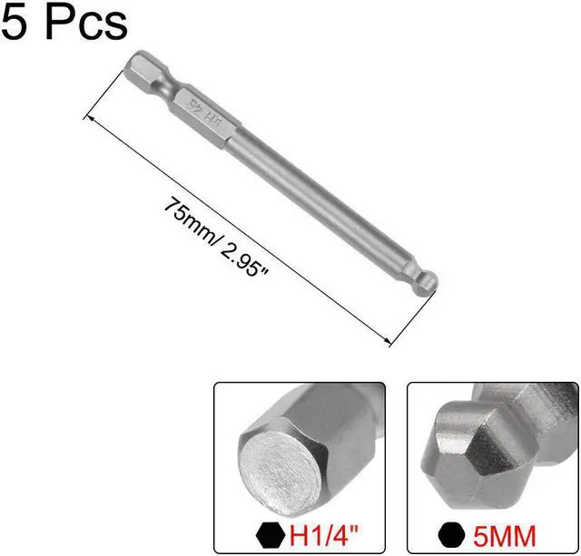 Alt view image 2 of 4 - 5Pcs Ball End Hex Bits 1/4 Inch Hex Shank 75mm Length Magnetic 5MM Head Screwdriver S2 Screw Driver Bit