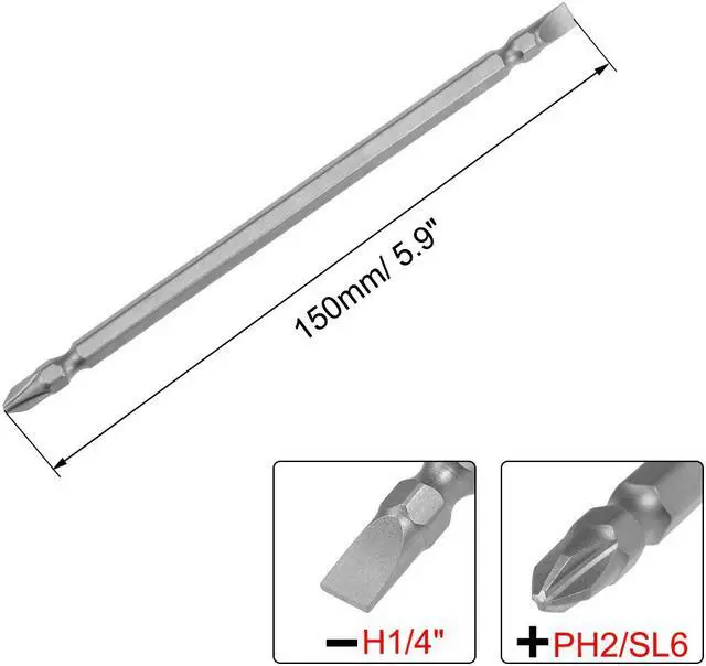 Alt view image 2 of 4 - Phillips Bits 1/4 Inch Hex Shank 150mm Length Magnetic Slotted Screwdriver PH2/SL6 Double Head Screw Driver Bits S2 Alloy Steel