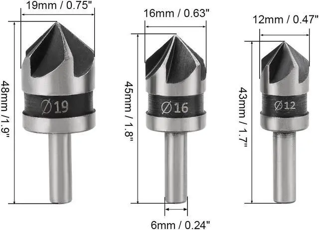 Alt view image 2 of 3 - Countersink Drill Bit Set 12mm 16mm 19mm Dia Round Shank 90 Degree 5 Flute Chamfer Tool for Woodworking Carbon Steel 3pcs