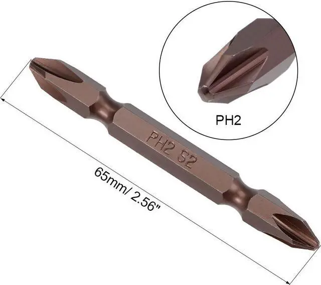 Alt view image 2 of 3 - 2pcs 1/4" Hex Shank 65mm Length Magnetic Screwdriver PH2 Phillips Double-Head Screwdriver Bits S2 Alloy Steel
