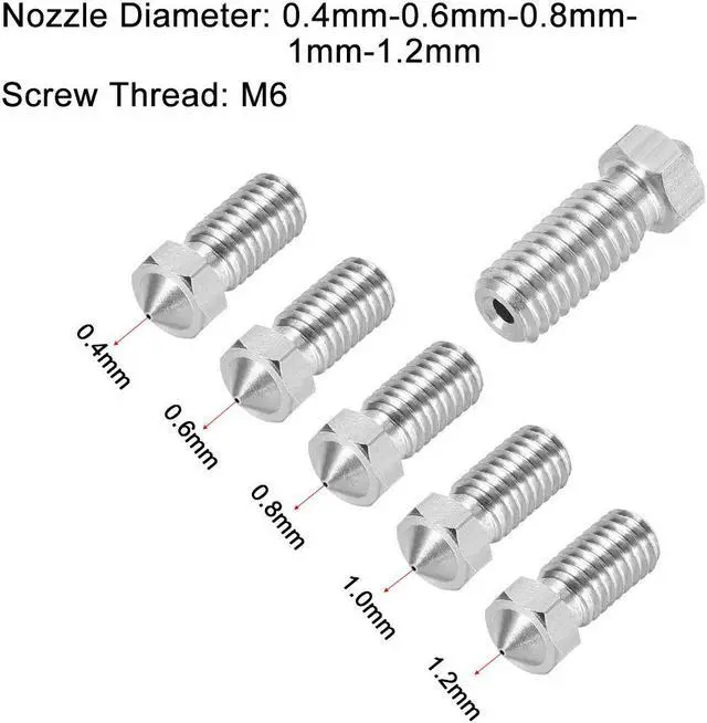 Alt view image 3 of 5 - 3D Printer Nozzle Fit for V6,for 1.75mm Filament Stainless Steel,0.4mm - 1.2mm Total 5pcs