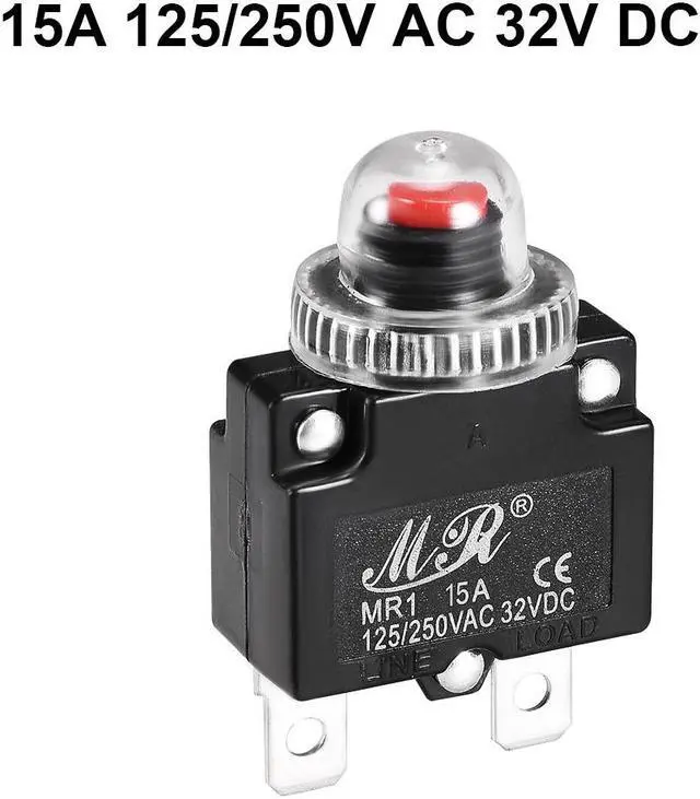 Alt view image 3 of 4 - Thermal Circuit Breakers 15A 125/250V AC 32V DC Push Button Reset Overload Protector Switch with Waterproof Cap 2 Pcs