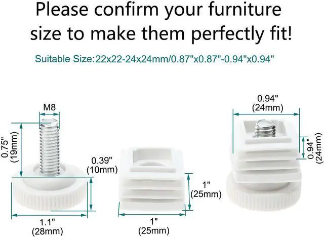 Alt view image 2 of 7 - Leveling Feet 25 x 50mm Rectangle Tube Inserts Kit Furniture Glide Adjustable Leveler for Chair Desk Leg 8 Sets