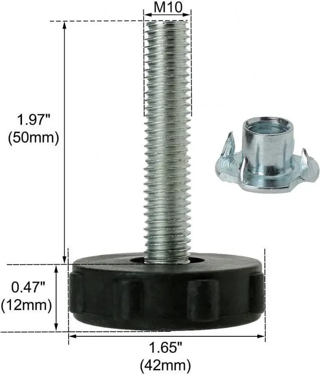 Alt view image 2 of 7 - M10 x 50 x 42mm Screw on Furniture Glide Leveling Feet Floor Protector Adjuster Pad with T-nuts for Machine Sofa Leg 4pcs