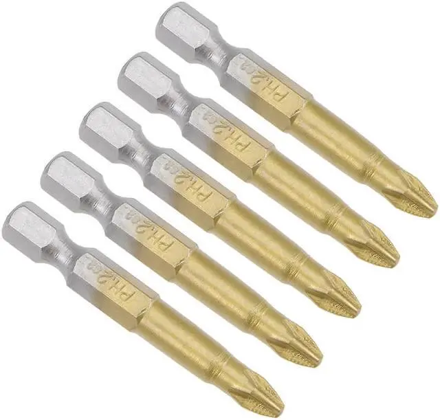 Main image of Phillips Bits 5pcs 1/4-Inch Hex Shank Magnetic Cross Screwdriver Bit 50mm Length PH2 Titanium Plating S2 Non-Slip Screwdriver Bit