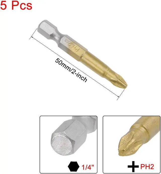 Alt view image 2 of 4 - Phillips Bits 5pcs 1/4-Inch Hex Shank Magnetic Cross Screwdriver Bit 50mm Length PH2 Titanium Plating S2 Non-Slip Screwdriver Bit