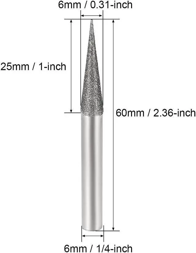 Alt view image 2 of 4 - Diamond Burrs Grinding Drill Bits for Carving Rotary Tool 1/4-Inch Shank 6mm Pointed 150 Grit 10 Pcs