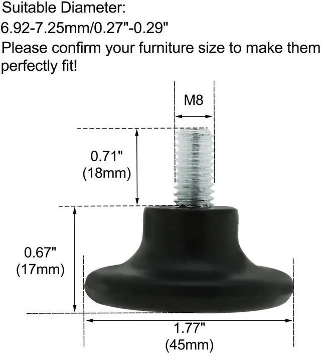 Alt view image 2 of 7 - M8 x 18 x 45mm Furniture Glide Leveling Feet Plastic Adjuster for Chair Leg 2pcs