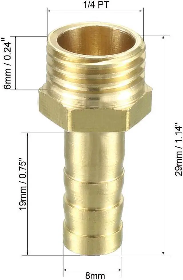 Alt view image 2 of 4 - Brass Barb Hose Fitting Connector Adapters 8mm Barbed x 1/4 PT Male Pipe 5pcs