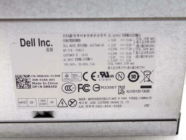 Alt view image 6 of 14 - Dell R8Jx0 Dell 275 Watt Power Supply For Optiplex 9010 7010 Mt
