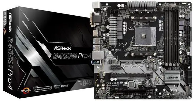 Alt view image 5 of 9 - ASRock B450M PRO4 AM4 AMD B450 SATA 6Gb/s USB 3.1 HDMI Micro ATX AMD Motherboard