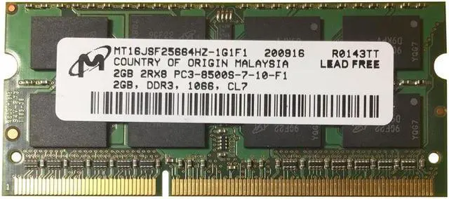 Alt view image 5 of 6 - Micron MT16JSF25664HZ-1G1F1 2 GB Memory Module - PC3-8500 2Rx8 - 1066 MHz - SO DDR3