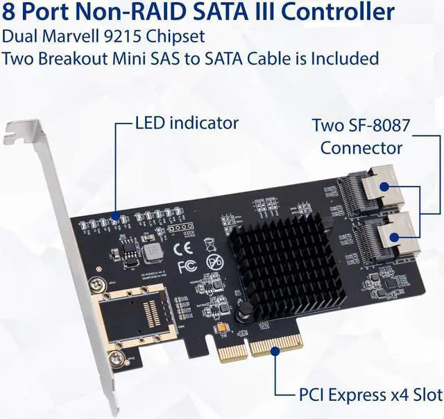 Alt view image 6 of 14 - SYBA SIPEX40137 8 Port SATA III PCI-e x4 Controller Card - Dual SFF-8087 Interface Marvell 9215 Chipset