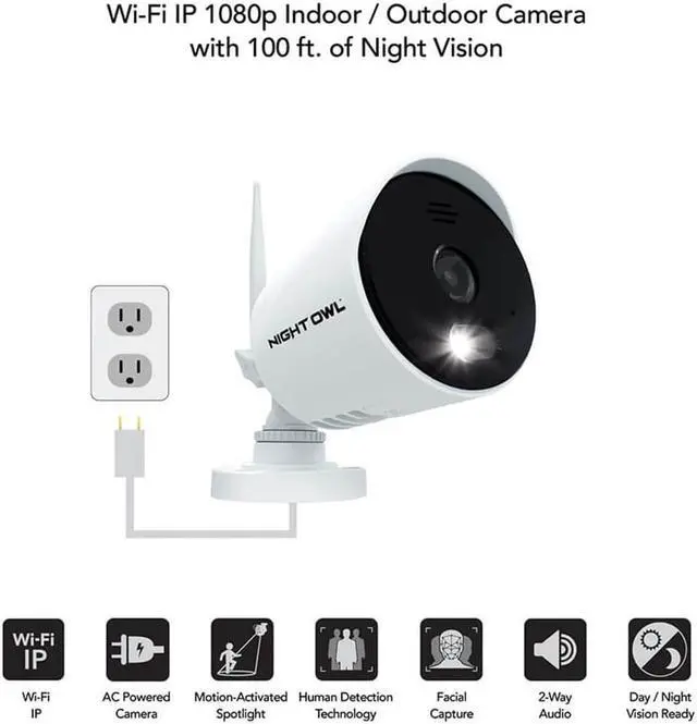 Alt view image 2 of 4 - Night Owl CAMWNIP2LBU 1080p AC Powered Wi-Fi IP Camera with Built-In Spotlights (1-pack)