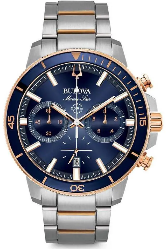 Alt view image 3 of 9 - Bulova Marine Star Chronograph Mens Two Tone Blue Dial Quartz Watch 98B301