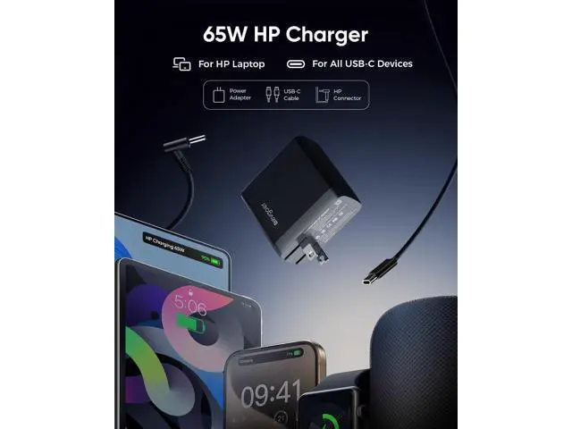 Alt view image 2 of 7 - 65W HP Laptop Charger Computer Charger for HP Chrombook/Pavilion/Envy/ProBook/EliteBook Compatible with HP USB-C 44W Smart Blue Tip Power Adapter (4.5mm)