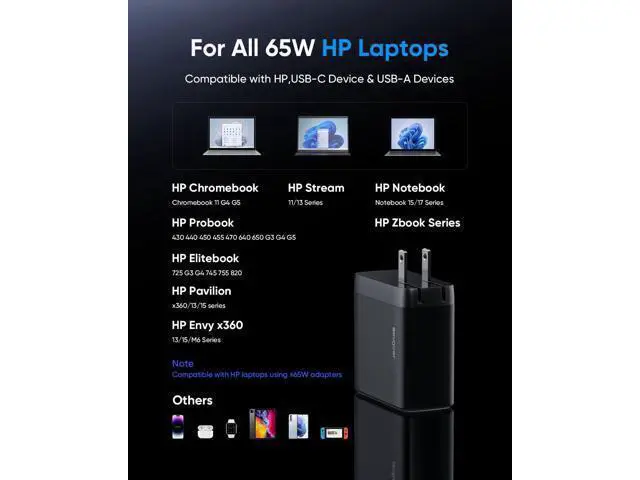 Alt view image 5 of 7 - 65W HP Laptop Charger Computer Charger for HP Chrombook/Pavilion/Envy/ProBook/EliteBook Compatible with HP USB-C 44W Smart Blue Tip Power Adapter (4.5mm)