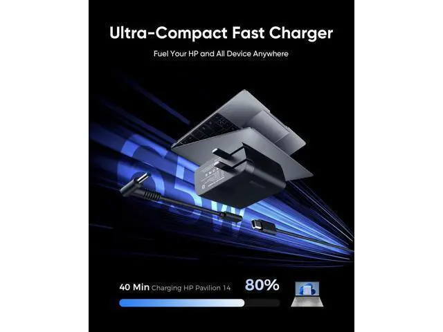 Alt view image 6 of 7 - 65W HP Laptop Charger Computer Charger for HP Chrombook/Pavilion/Envy/ProBook/EliteBook Compatible with HP USB-C 44W Smart Blue Tip Power Adapter (4.5mm)