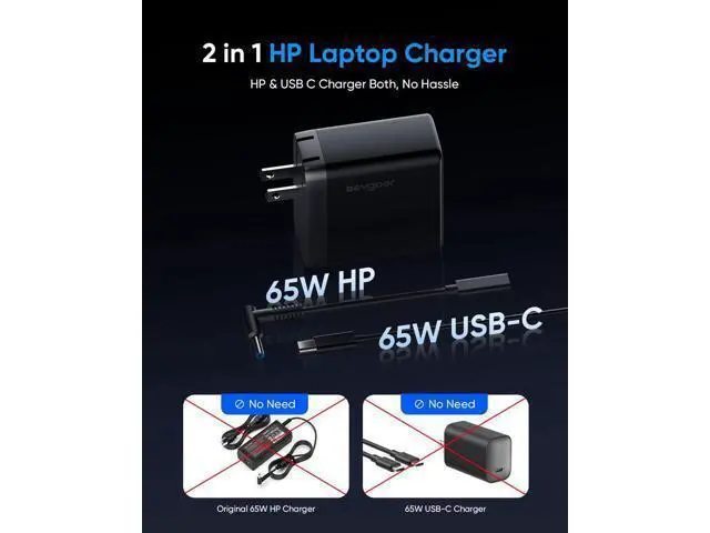 Alt view image 4 of 7 - 65W HP Laptop Charger Computer Charger for HP Chrombook/Pavilion/Envy/ProBook/EliteBook Compatible with HP USB-C 44W Smart Blue Tip Power Adapter (4.5mm)