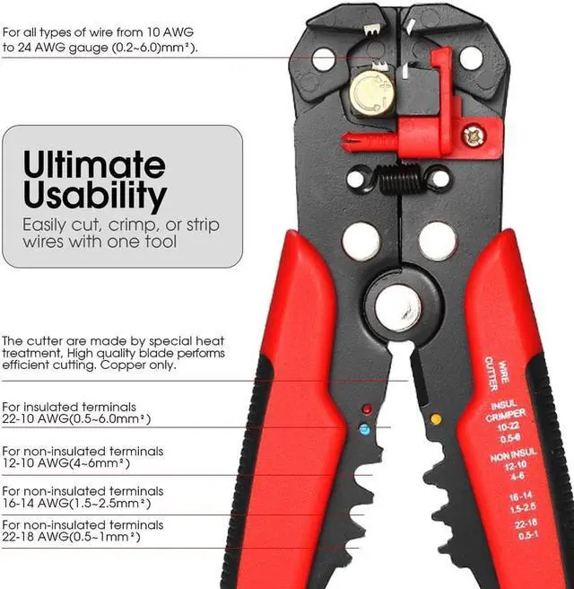 Alt view image 5 of 6 - Multi-functional 8" Self-adjusting Cable Wire Stripper With Cutter & Crimper Automatic Wire Stripping Pliers Crimping Tool 10-24AWG - Red