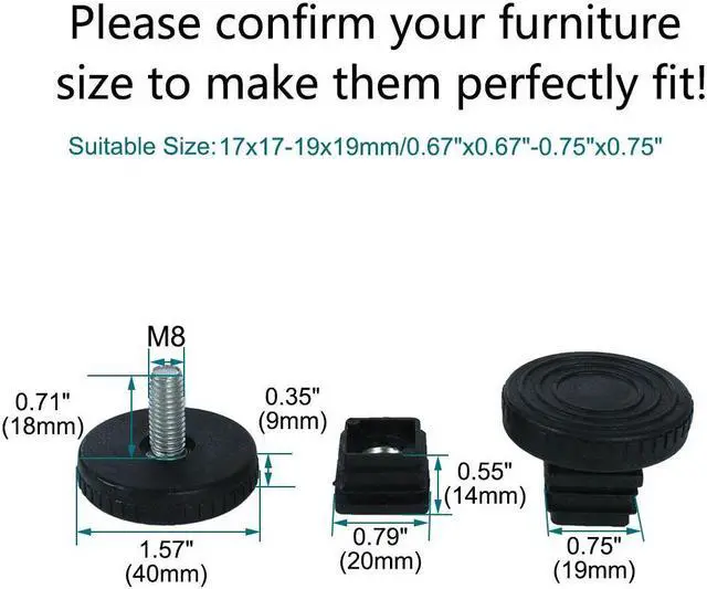 Alt view image 2 of 7 - Adjustable Leveling Feet 20 x 20mm Tube Inserts Furniture Table Glide 4 Sets