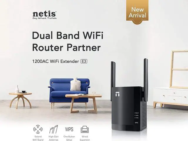 Alt view image 2 of 6 - Netis E3 AC1200 Wireless Dual Band Range WiFi Extender with WPS One Button Setup, 2 High Gain Antennas and Wired Expansion Port