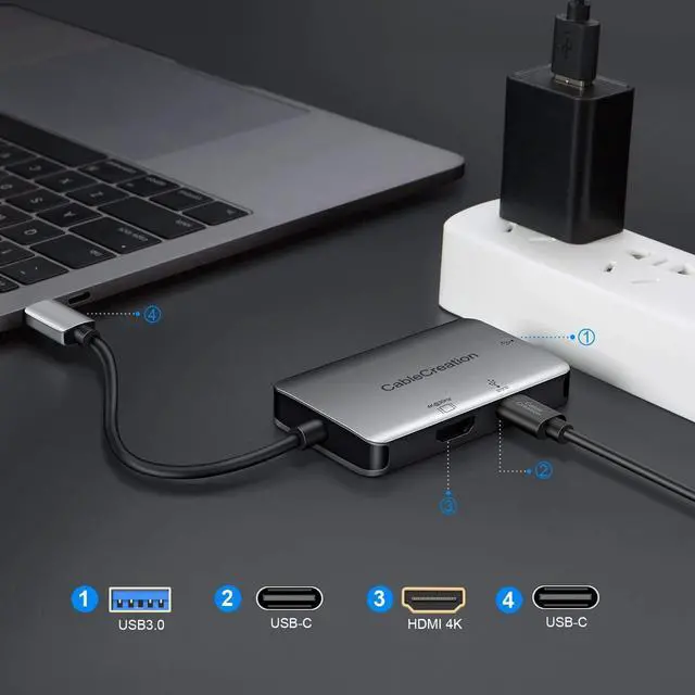 Alt view image 2 of 5 - USB 3.1 Type C to HDMI 4K Adapter with 100W Power Charging+ USB 3.0 3-in-1 Thunderbolt 3 Aluminum Hub, Compatible with MacBook Pro 2019/2018, XPS 13, Yoga 910, Galaxy S10/9 and Dex Supported Cellphone