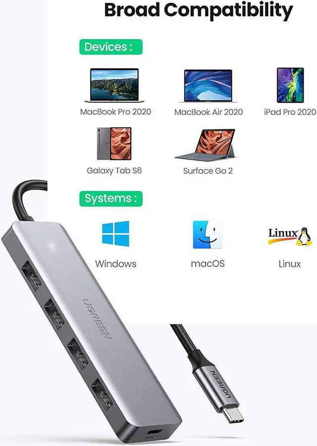 Alt view image 5 of 7 - UGREEN USB C Hub 4 Ports USB Type C to USB 3.0 Hub Adapter with Charging Port for MacBook Pro iMac Samsung Galaxy Note 10 S10 S9 LG Google Chromebook Pixelbook Dell XPS Oculus Rift