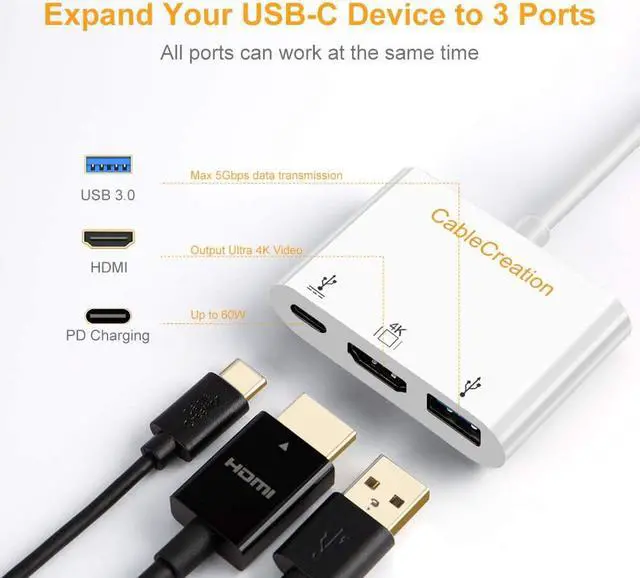 Alt view image 4 of 7 - USB C to 4K HDMI Hub, CableCreation 3-in-1 USB-C Hub with HDMI, USB 3.0 and 60W PD Charging [Thunderbolt 3 Compatible] for MacBook Pro 2017/2018/2019, Dell XPS 13/15, Galaxy Note S10, Yoga 910/920