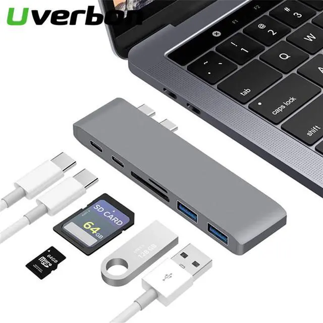 Alt view image 3 of 7 - FA.cbj3 USB C HUB Adapter,2 USB C Hub Thunderbolt 3 Adapter Dual USB Type C Dock with TF SD Card Reader Slot PD HUB 3.0 for MacBook Pro/Air (Gray)