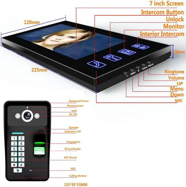 Alt view image 3 of 7 - 7inch 2 Monitors Wired /Wireless Wifi Video Door Phone Doorbell Intercom System with Fingerprint RFID Password IR-CUT HD 1000TVL Wired CCD Camera Night Vision
