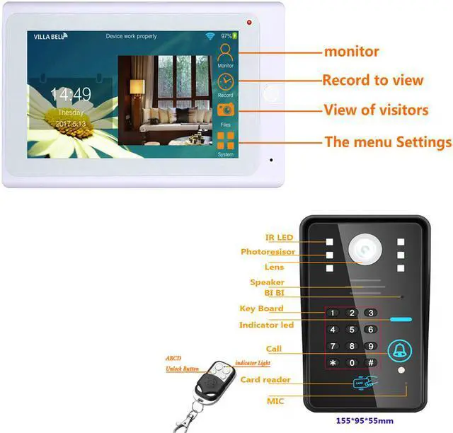Alt view image 4 of 7 - 7inch Wired / Wireless Wifi RFID Password Video Door Phone Doorbell Intercom System support Remote APP unlocking/Recording/Snapshot