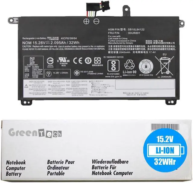 Main image of GreenTech 32Wh 01AV493, SB10L84121 compatible battery for Lenovo Thinkpad T570, Thinkpad T580, Thinkpad T51S, Thinkpad T52S - GreenTech 15.2V 32Whr 4 Cell Battery SB10L84122 00UR891 00UR892