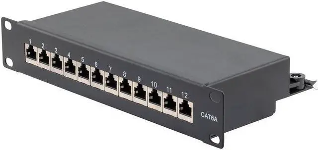 Main image of NavePoint 10 Inch Wide 12-Port CAT6A STP Patch Panel, 1U, Black