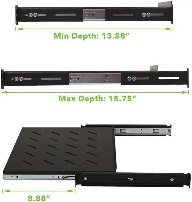 Alt view image 3 of 8 - Navepoint Sliding Rack Vented Server Shelf 1U 19" 4 Post Rack Mount 13.75" (350mm) Deep