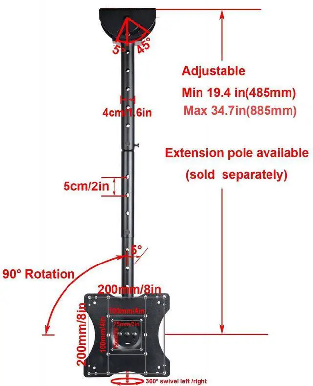 Alt view image 4 of 14 - VideoSecu Tilt Swivel TV Ceiling Mount for most 26 27 29 32 39 40 42 43 46 47 50 55 60" LCD Plasma Some LED up to 65" VIZIO Samsung LG Toshiba Panasonic Flat Panel Screen HDTV, load capacity 66lbs BXZ