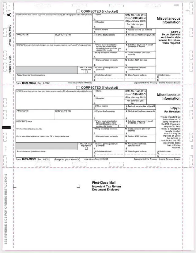 Main image of TFP 11" Printed 1099-MISC Copy B, 2  Z-Fold Simplex - Pack of 500