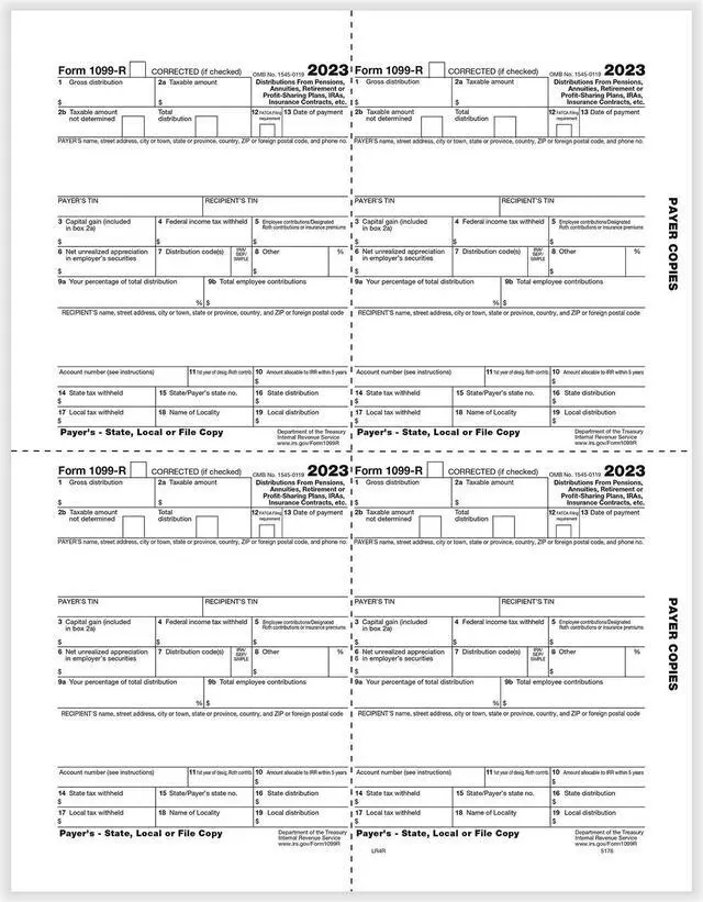 Main image of TFP 1099-R 4-Up Box Payer, State, Local or File Copy D, 1, 1, 1 - Pack of 100