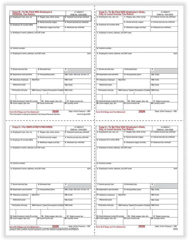 Main image of TFP W-2 4-Up Box Employees Copies B, C, 2 & 2 Combined - 500 sheets