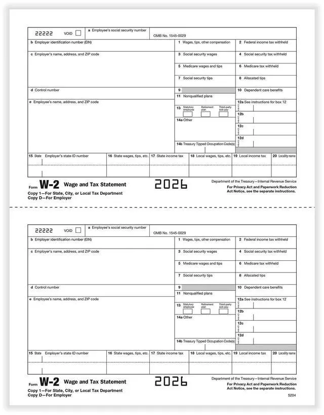 Main image of TFP W-2 Employers Copy D and/or State, City Or Local Copy 2 - 500 sheets, 1000 forms