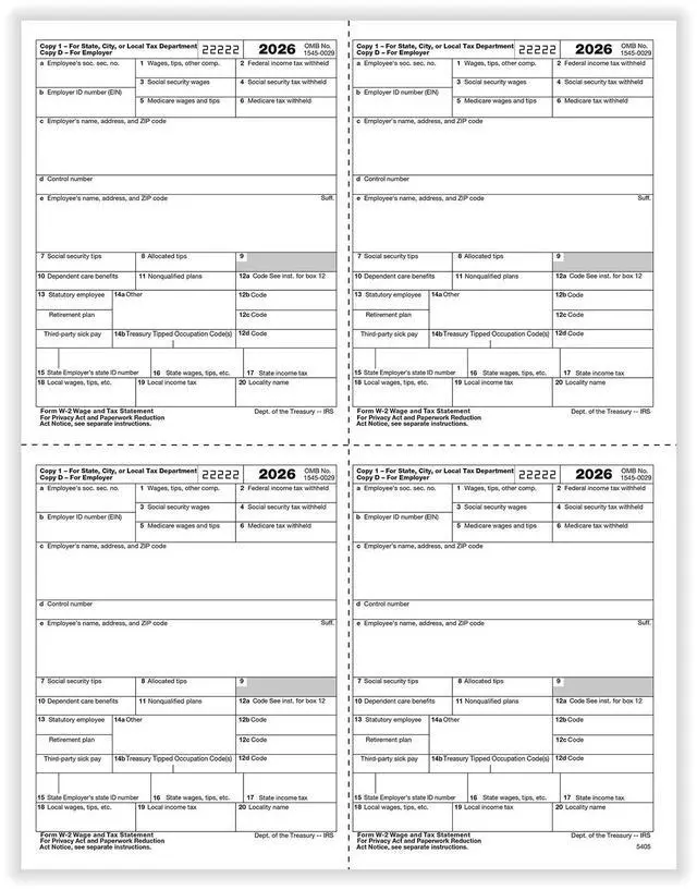 Main image of TFP W-2 4-Up Box Employers Copies 1/D, 1/D, 1/D, 1/D - Pack of 500