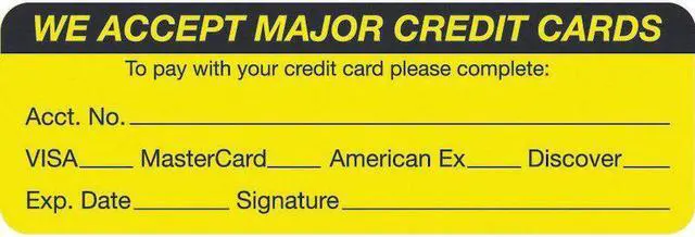Main image of Credit Cards Visa-MC-Amex-Disc. 3" x 1" Fl-Chartreuse Label (Roll of 250)