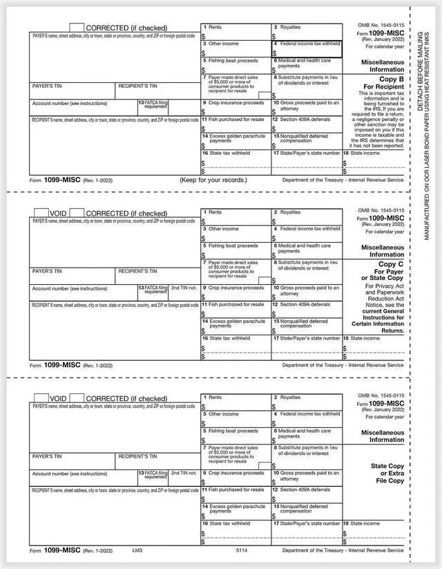 Main image of 1099-MISC Miscellaneous Rec Copy B, Payer/State Copy C & State/Extra File Copy (500 Forms/Ctn)