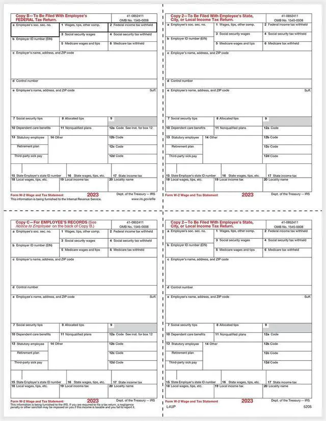 Main image of TFP W-2 4-Up Box Employees Copies B, C, 2 & 2 Combined - 500 sheets