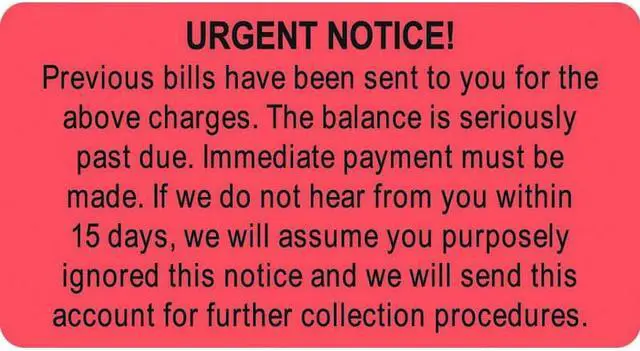 Main image of Billing Collection Labels, Fl Red - URGENT NOTICE!, 3-1/4" X 1-3/4" (Roll of 250)