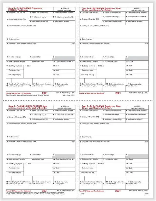 Main image of TFP W-2 4-Up Box Employees Copies B, C, 2 & 2 Combined - Pack of 100