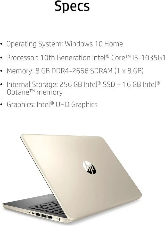 Alt view image 3 of 5 - HP 14 Laptop, Intel 10th Gen Core i5-1035G1, 8GB SDRAM, 256GB SSD + 16GB Intel Optane memory, Pale Gold, 14-dq1040wm