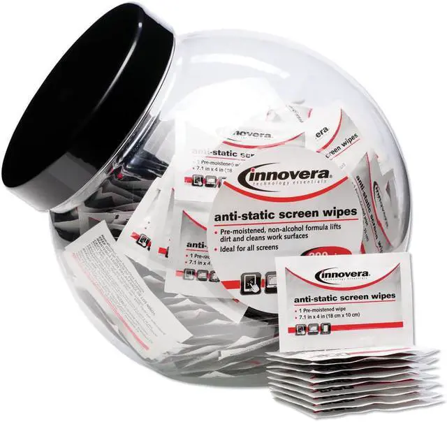 Alt view image 8 of 10 - Innovera 51517 Anti-Static Screen Cleaning Wipes, 200 Sachets, Fishbowl Black Top
