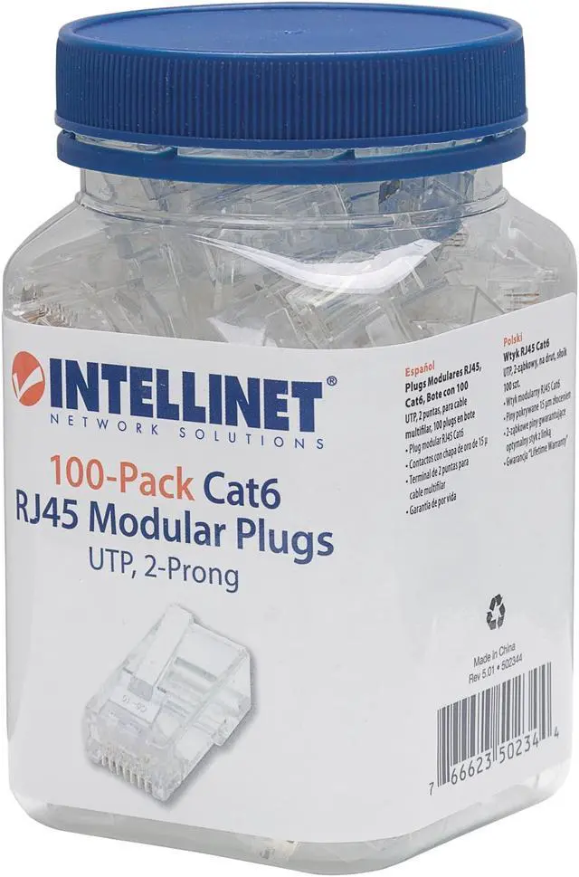 Alt view image 3 of 8 - Intellinet Cat6 2-prong Modular Plugs, Jar of 100 - UTP, Cat6 Modular Plugs for Stranded Wire"